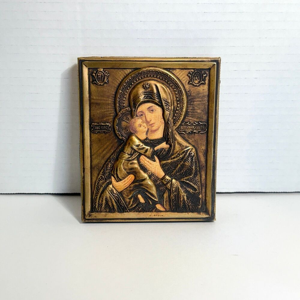 Vintage Virgin of Vladimir Metal Oklad Icon Plaque Wall Hanging